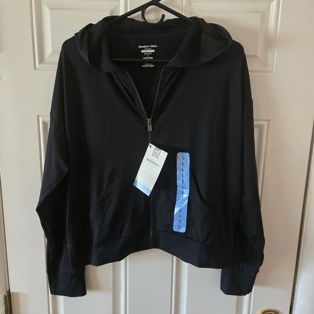 Member's Mark Favorite Soft Jacket Womens L Black Full Zip Hooded Stretch NWT